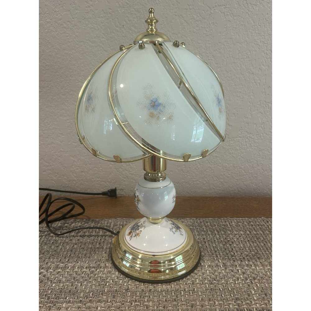 Vintage Floral Blue Flowers Lamp Brass 6 Glass Panels Shade 14” American Lightin